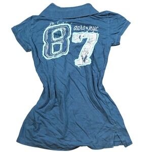 Rare Y2K Preppy Aeropostale Blue 87 Graphic Polo Shirt Short Sleeve Cotton Med